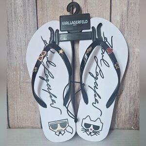 Karl Lagerfeld Black and White Graphic Flip Flops